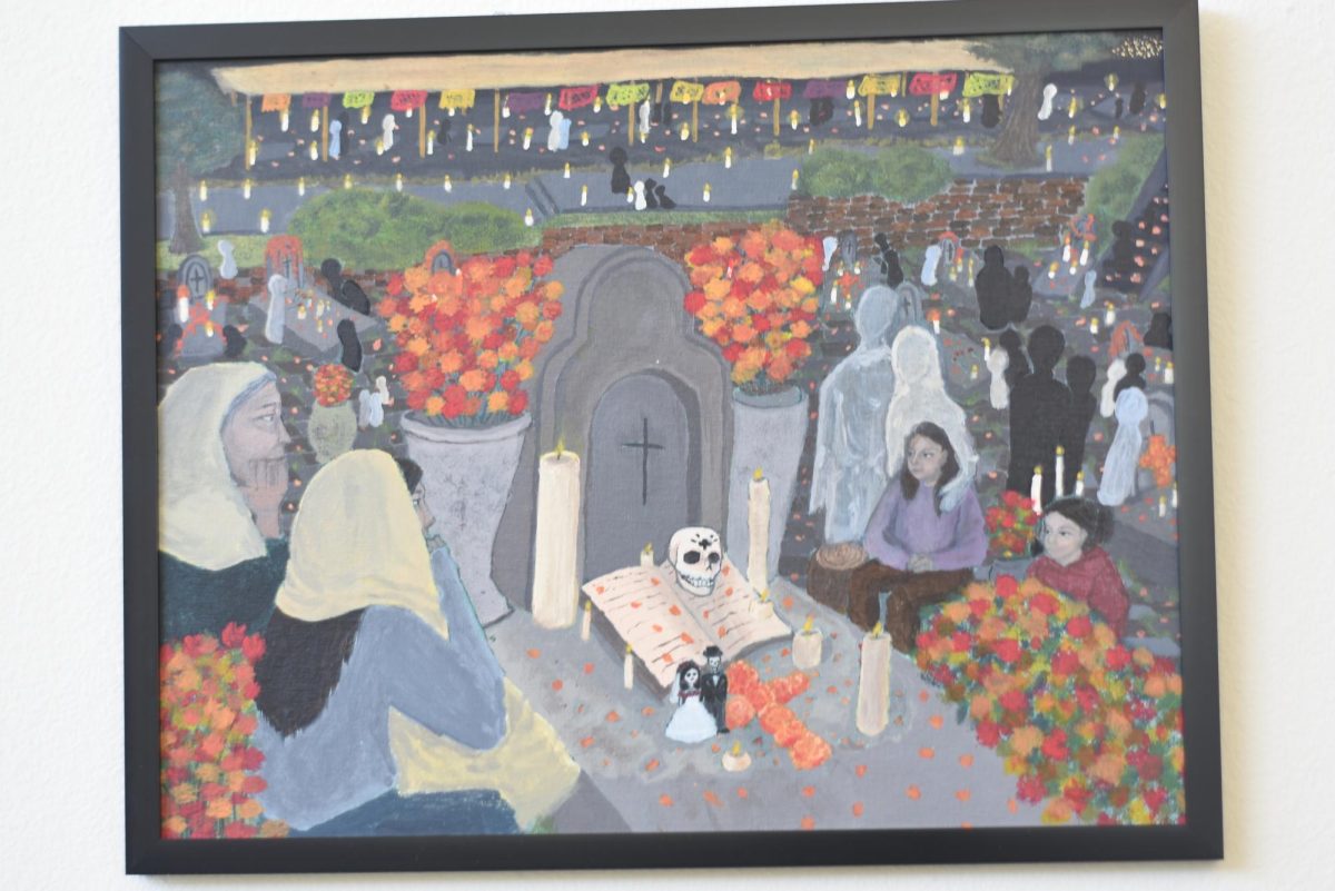 This painting done by a student depicts a scene of Dia de los Muertos.

3/19/24  Written and photographed by Nicolas Macias