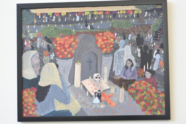This painting done by a student depicts a scene of Dia de los Muertos.

3/19/24  Written and photographed by Nicolas Macias