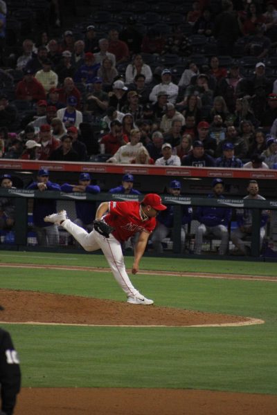 A pitcher from the Angels throwing a ball during the game.